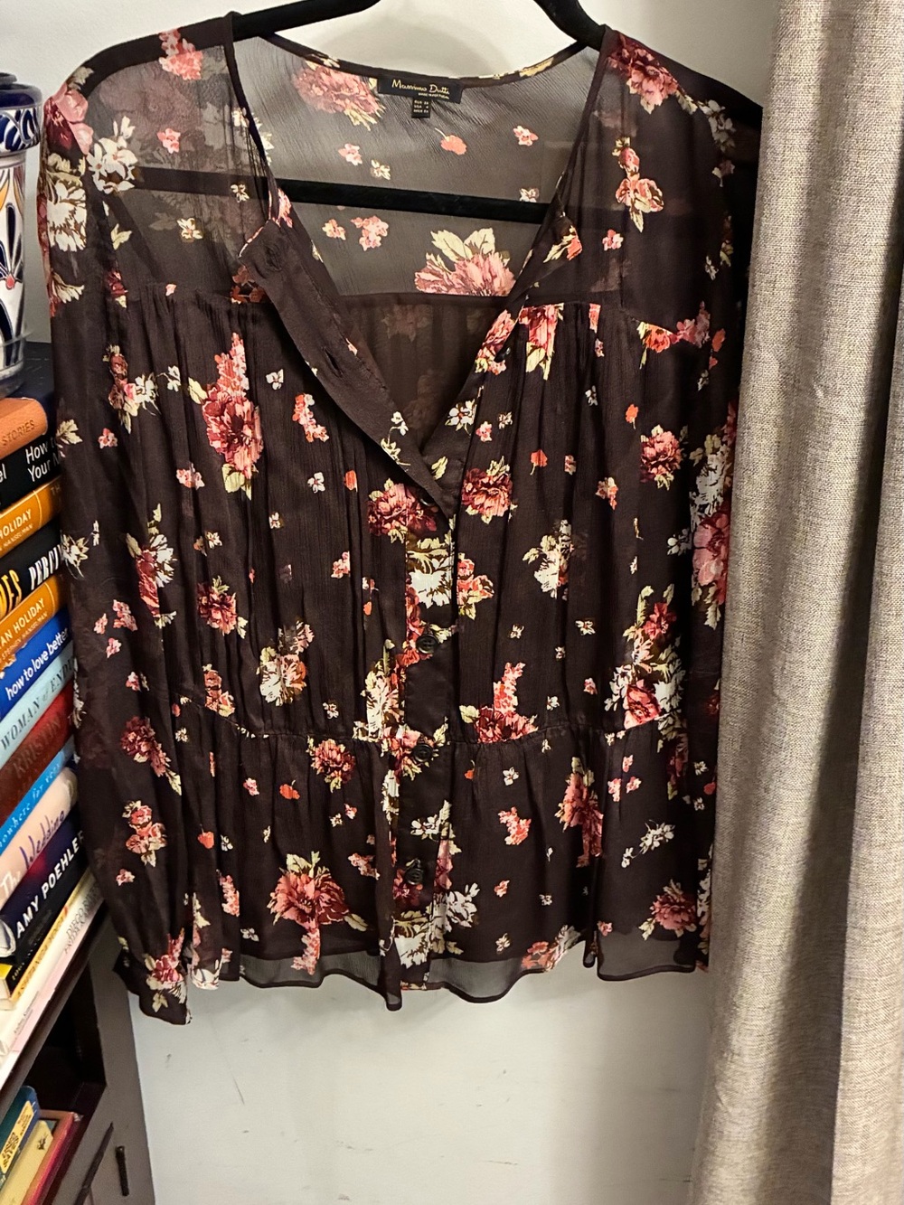 Massimo Dutti Wine Floral Sheer Button-Front Blouse
